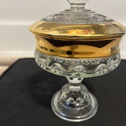 Vintage Indiana Glass Gold Trimmed King’s Crown Candy Dish With Lid