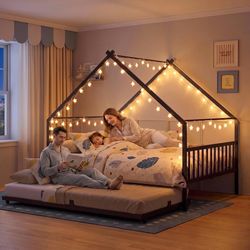 Daybed with Trundle, House Full Bed Frame for Bedroom, Black House-Shaped Canopy, Pull-Out Trundle for Sleepovers, Space-Saving Beds for Living Room, 
