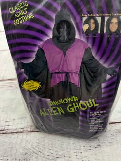 Alien Ghoul Halloween costume Black Hooded Robe mesh face mask Sash Plus Size             Dress up adult man’s candy scary spooky horror