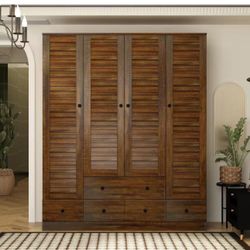 New in box Brown Wood 59 in. W Shutter Doors Armoires Wardwore Farmhouse Style with 5-Drawers, Hanging Rod (70.5 in. H x 19 in. D) 260068-03+04