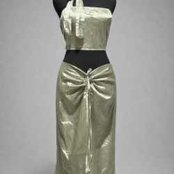 Sage Green Satin 2pc Set Halter Crop Top Ruched Midi Skirt