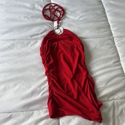 Bold Red Ruched Halter Tank with Metal Ring Detail (S)