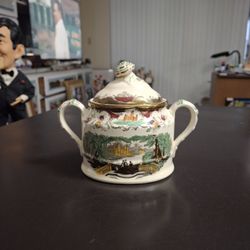 Antique Mason Leeds Ironstone Sugar Bowl With A Lid, Made In England W/Gold Accents & Intricate Scenes 5"H X 6.5"W