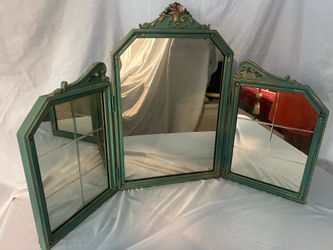 Vintage Tri-Fold Vanity Mirror – Teal & Gold Hollywood Regency Style