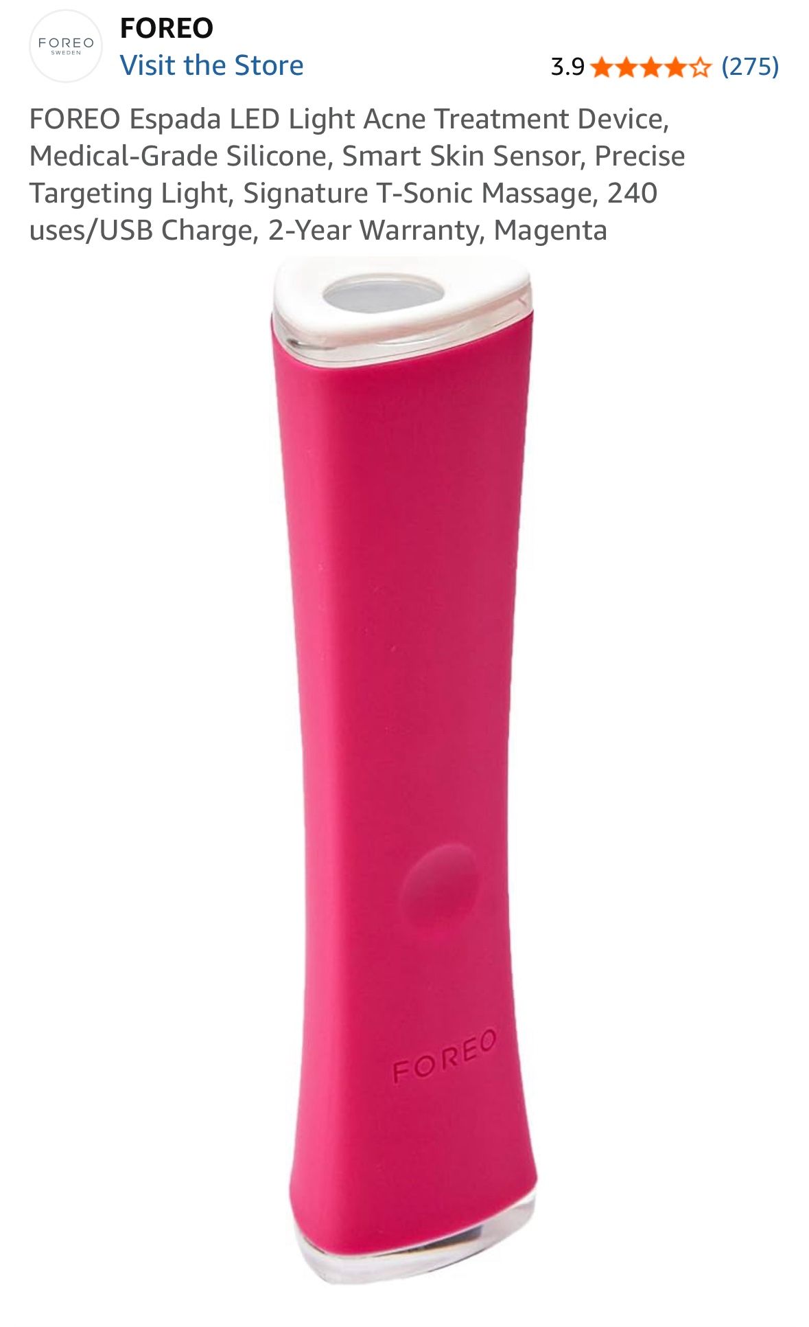 FOREO Espada LED Light Acne Treatment Device, Medical-Grade Silicone, Smart Skin Sensor, Precise Targeting Light, Signature T-Sonic Massage, 240 uses/