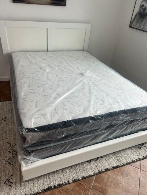 New QUEEN SIZE BED FRAME WITH MATTRESS AND BOX SPRING SET 3PCS NEW BED