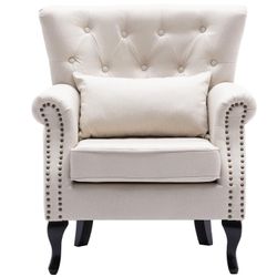 chairus Mid-Century Modern Accent Chair, Comfy Tufted Single Sofa Chair Wingback Armchair with Pillow for Club, Living Room, Bedroom - Linen, Beige