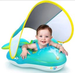 No Flip Over Baby Pool Float with Canopy UPF50+ Sun Protection, Inflatable Baby Float with Sponge Safety Support Bottom, Fun Gifts Water Toys Accessor