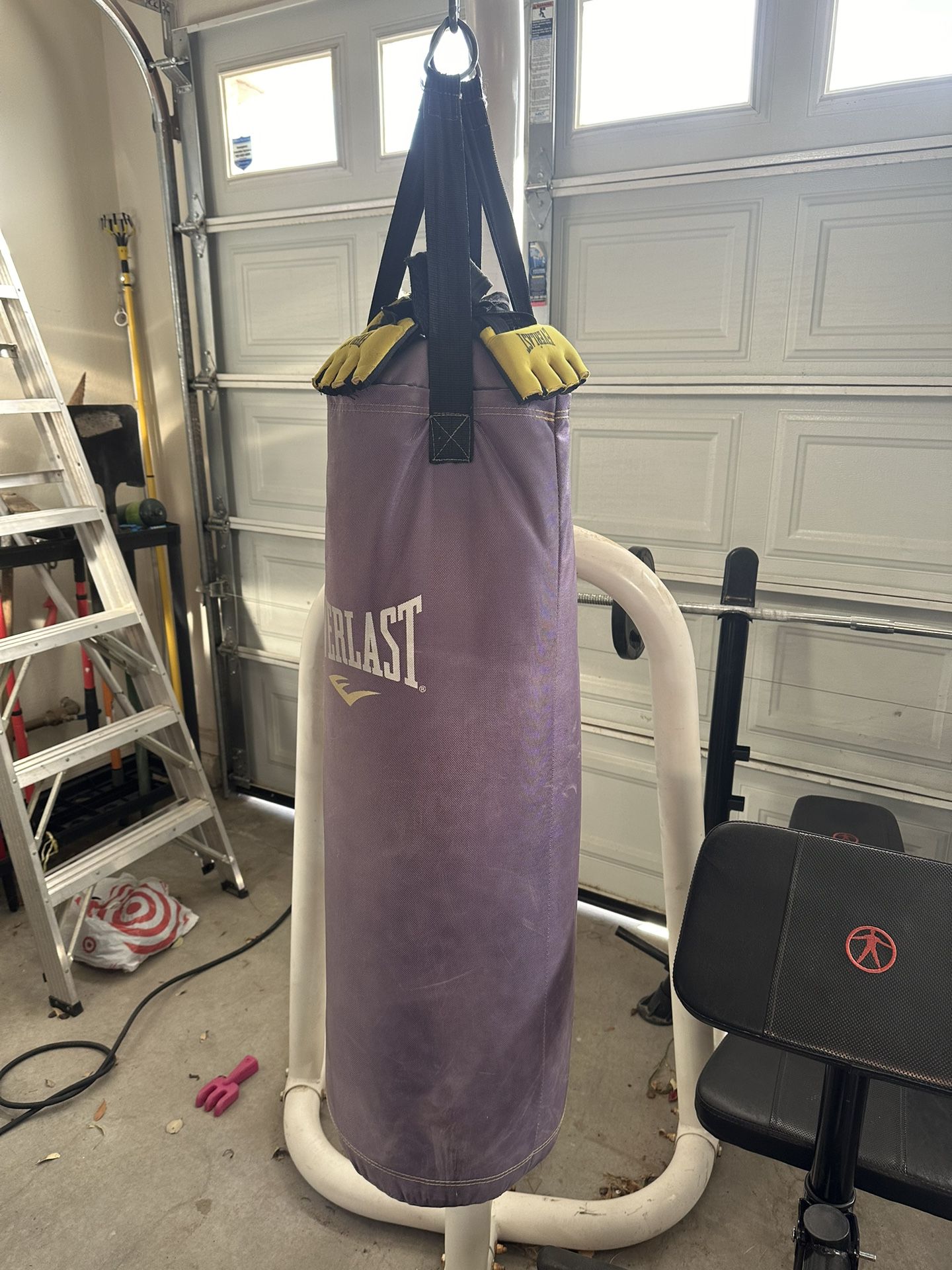 Everlast Punching Bag, Stand, and Gloves. 