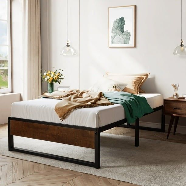 Allewie Black Twin Size Metal Platform Bed Frame with Storage, Mattress Foundation, No Box Spring Needed