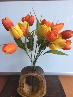 Tulip Flowers on unique wood Vase