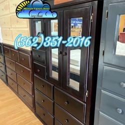 Tall Jumbo Cherry Solid Wood Closet Wardrobe Double Mirror 8 Drawer With Cabinet- Ropero Ancho Ocho Cajones Madera Pino 