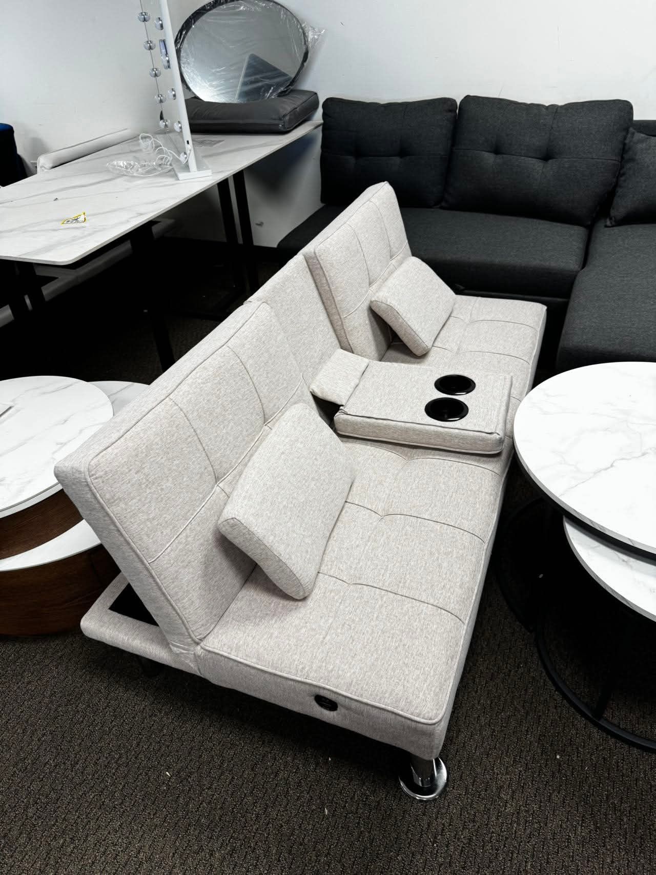 Modern Linen Convertible Futon Sofa Bed w/ Removable Armrests, Metal Legs, Cupholders
