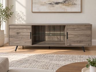 70” Gray TV Stand – Modern Media Console with Glass Shelf & Storage