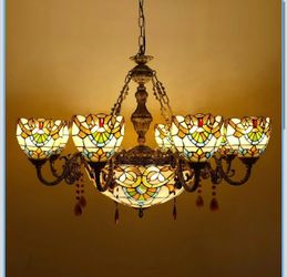 Tiffany Chandelier 11 Lights Cream Brown Stained Glass Pendant Light Chain Adjustable Victorian Hang Lighting Fixtures for Living Room Dining Room Bed