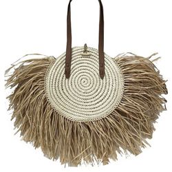 INC Melania Straw Fringe Circle Tote, Created for Macy's