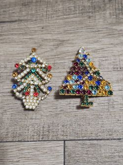 2 Vintage Rhinestone Christmas Tree Brooches GORGEOUS Both $20 Vibrant Colors!