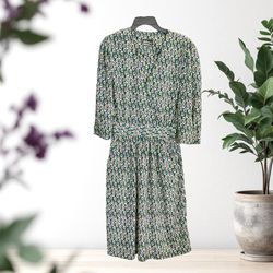 Breli Originals Vintage Green w Purple Beige Brown Paisley Print 3/4 Sleeve Dress