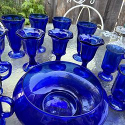 13 Vintage Anchor Hocking Cobalt Blue Drinking Glasses & Serving Bowl