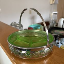 Green Depression glass divided dish