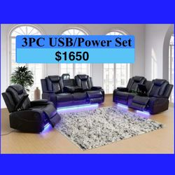 FREE DELIVERY — Brand new 3PC POWER, USB, LED Reclining Sofa Loveseat Chair 