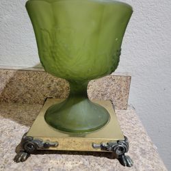 Vintage Brass Lion Footed Satin Green Glassware Vase Compote Candy Dish 