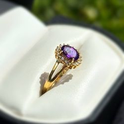 Jewelry 14k solid yellow gold purpurite stone diamonds 1.10CTW ring sz 7.00