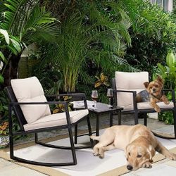 3-PiecePatio Conversation Set Bistro Furniture Set 2 Rocking Chairs, Glass Side Table with Beige Cushions