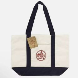 A Trader Joes Largest 22X14 Reusable Canvas Eco Tote Heavy Duty Bag Blue & White