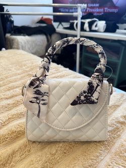 Cream Quilted Handbag with Printed Scarf Handle