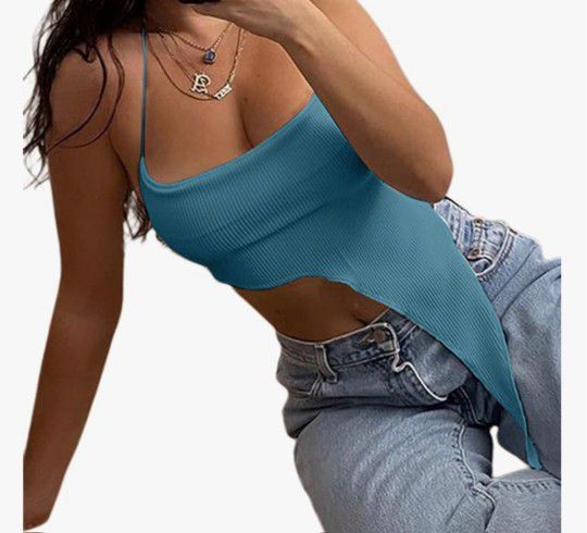 Women's Sexy Halter Crop Top Asymmetrical Hem Ribbed Knit Cami Tank Tops

 Size Small 