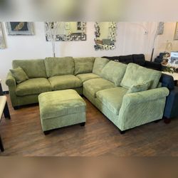 green corduroy sectional sofa with ottoman