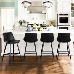 24"H Faux Leather Bar Stools, Black (Set of 4)