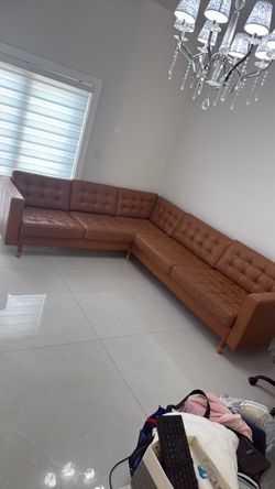 Brown Leather Tufted L-Shaped Sectional Sofa