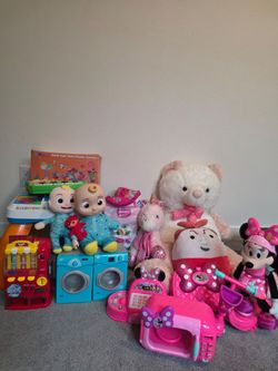 Vending machine, Washer & Dryer, Mickey Mouse Toys, Cocomelon, Fisher Price Toy, Building Blocks, Flower Garden & some stuffie, take all For