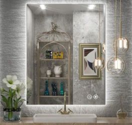 KeonJinn 24 in. W x 32 in. H Rectangular Frameless LED Light Anti-Fog Wall Bathroom Vanity Mirror with Backlit