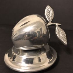 Vintage Silver Tone Metal Heavy Apple Paperweight With Leaves Desk Decor