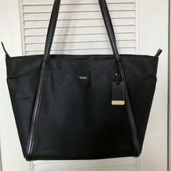 TUMI BLACK NYLON LEATHER-TRIMMED TOTE BAG