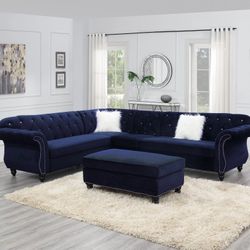 INDIGO VELVET SECTIONAL WITH OTTOMAN 
