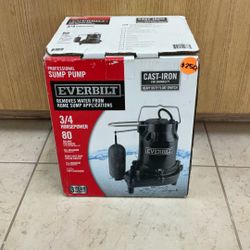 PROFESSIONAL SUMP PUMP EVERBILT REMOVES WATER FROM HOME SUMP APPLICATION 3/4 HORSEPOWER 80 GALLON.