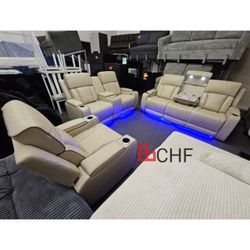 Beige Breathing Leather 3-Piece Living Room Recliner Sofa set