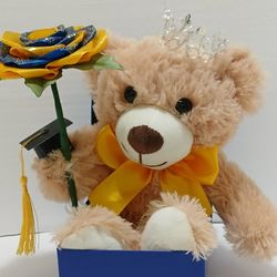 Graduation Bear With  Eternal Rose And Birrete, And Crown. 
