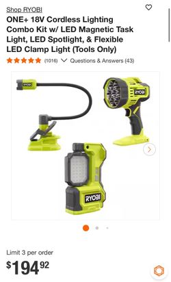 RYOBI ONE+ 18V Cordless Lighting Combo Kit – 3 Lights – Tool Only
