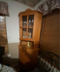 Vintage Wood Corner Hutch with Glass Doors