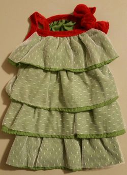 X-Small Green & White Lace Ruffle Pet Dress w/Red Bow