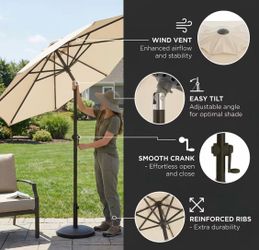 9ft Patio Umbrella combo with round weight base Outdoor Umbrella for Patio, Pool Umbrella, 8 Sturdy Ribs, Fade Resistant POLYESTER DTY Canopy Aluminum