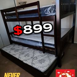 Full/Full/Twin Expresso Wooden Bunkbed w. Ortho Mattresses Included 