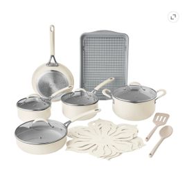 The Pioneer Woman Sutton 17-Piece Ceramic Nonstick Cookware Set with Strainer Lids, Cookie Sheet with Rack, Cream