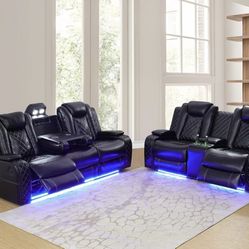 Power Electric Black Leather Fully Reclining Couch And Love Seat 