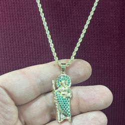 14k premium 5x gold plated Saint Jude emerald stones pendant and rope necklace 